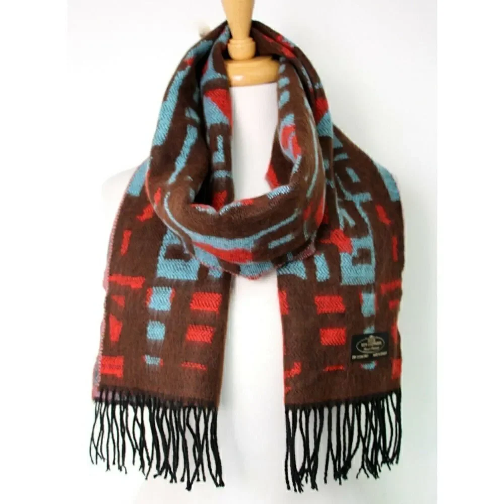 GERMANY BROWN RED BLUE 100% CASHMERE FRINGE SOFT WRAP SCARF (F38
